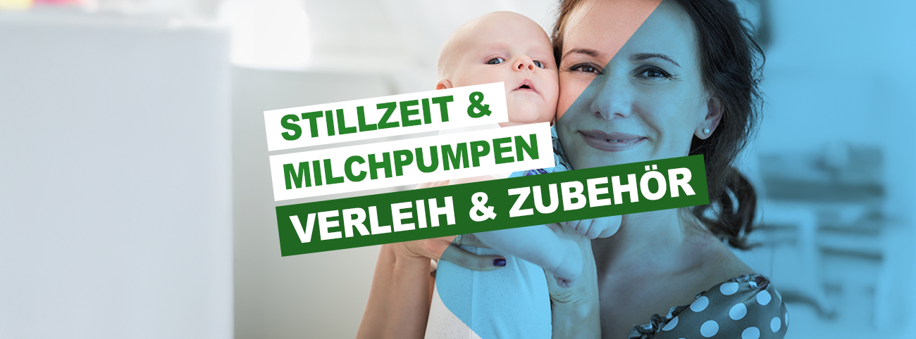 Eine Frau hält ein Baby in ihren Armen. Über dem Bild steht ein deutscher Text: Stillzeit & Milchpumpen Verleih & Zubehör. Erfahren Sie mehr über Stilltipps und Zubehör mit Gesundheitswelt News.